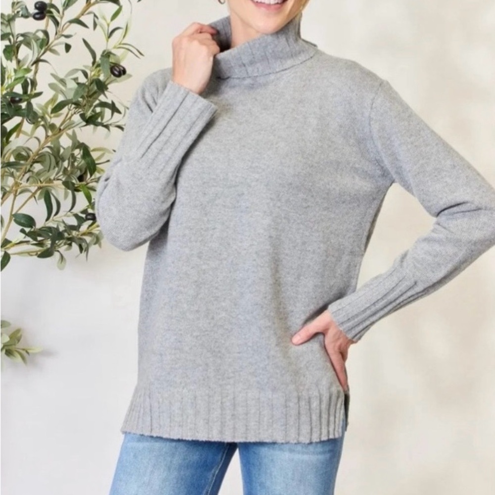 Heimish Grey Turtleneck Long Sleeve Side Slit Wool Blend Tunic Sweater